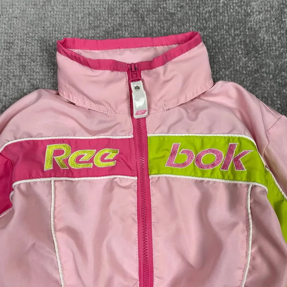 Reebok Toddler Girls Windbreaker Jacket 4T Pink Green Hooded Full Zip Retro y2k